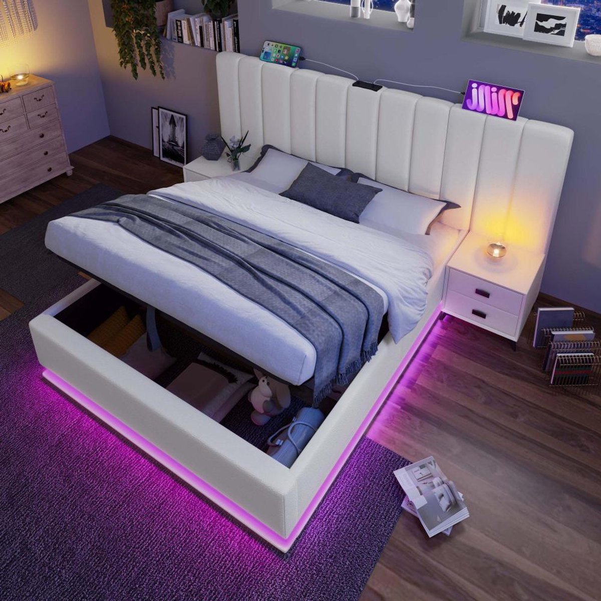 KOMHTOM BLACKCOLORS Bed 160×200 cm met matras opbergruimte Gestoffeerd bed Tweepersoonsbed met App Control LED en USB-C PU Wit