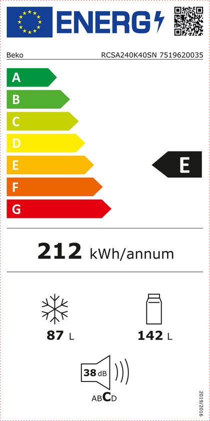 Energie-etiket met de klassen A t/m G, 212 kWh/annum, 87L vriesgedeelte, 142L koelgedeelte, geluidsniveau 38 dB.
