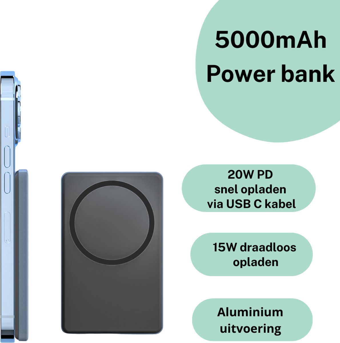 Dutch Powerbank 5000 mAh Draadloos 15W Grijs - afbeelding 3