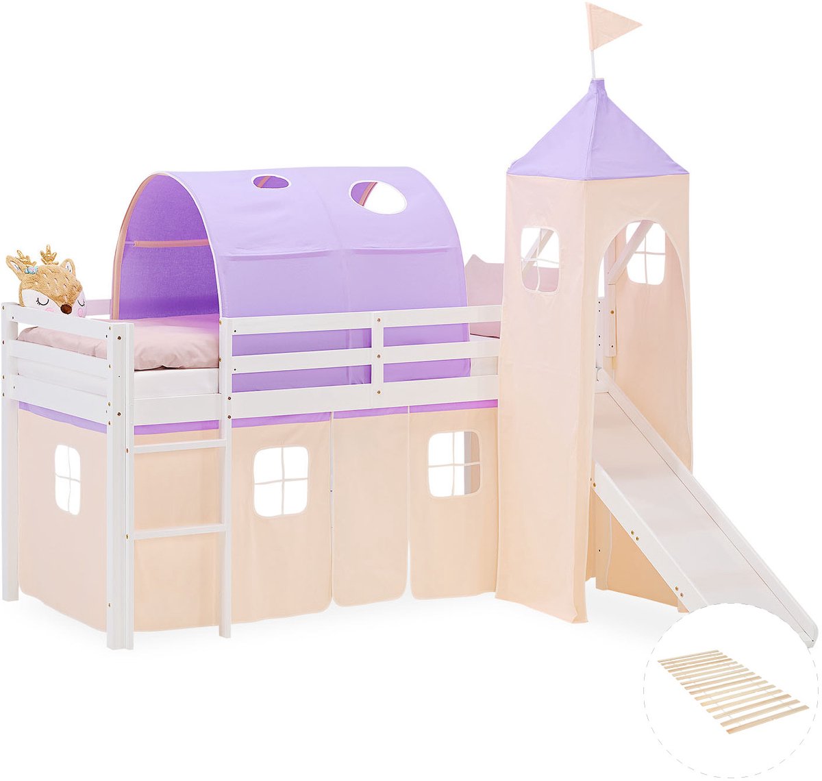 Homestyle4u Hoogslaper - 90x200 cm - perzik - met lattenbodem - met glijbaan Wit