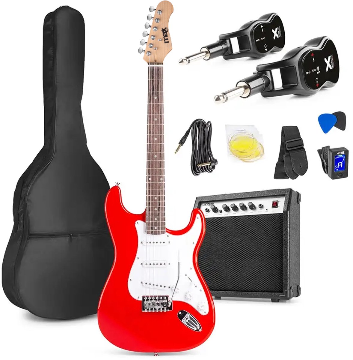 MAX GigKit draadloze elektrische gitaar set - Met zender en ontvanger - Complete starterset - 4/4 - Rood