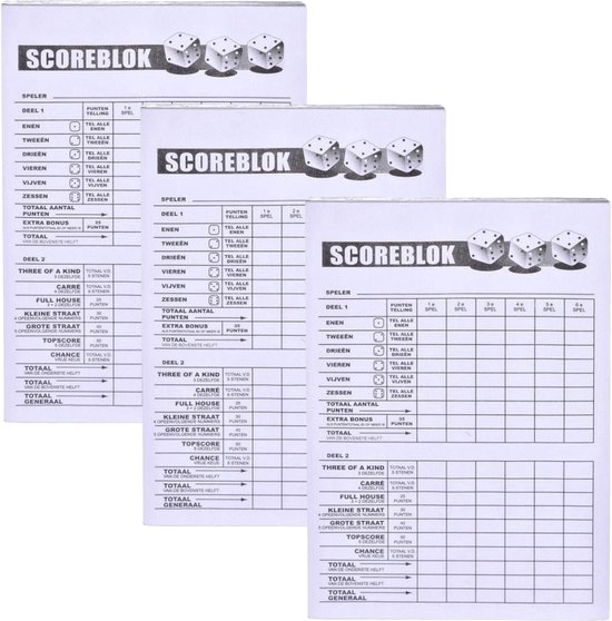Drie scoreblokken met dobbelstenen erop. Blanco wit papier met zwarte lijnen en tekst.