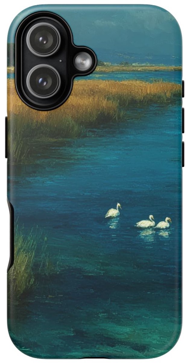 Zwanen op Blauwe Lagune met Gouden Gras – Telefoonhoesje Geschikt voor iPhone 17