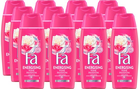 Douze bouteilles de crème douche Fa Energising Pink Passion sur fond blanc.