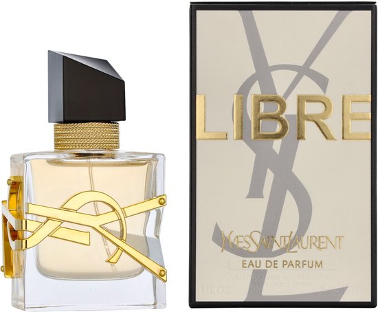 Doos en YSL Libre Eau de Parfum damesparfum. Gouden logo, gouden kettingdetail, zwarte dop.