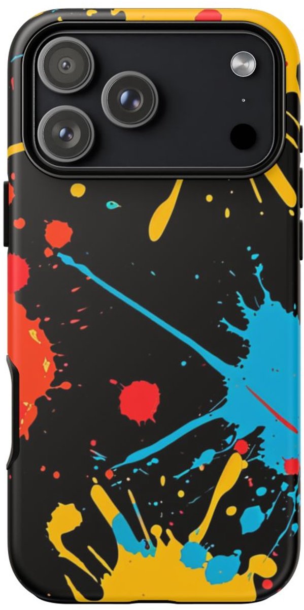 Kleurrijke Verfspatten op Zwart – Telefoonhoesje Geschikt voor iPhone 17 Pro Max