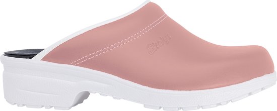 Roze Skolys klomp met witte zool en schacht. Het logo Skolys staat op de zijkant.