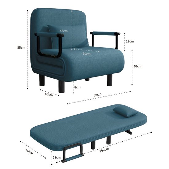 Homcom Stoel, slaapbank, 1 zits, afneembare overtrek, hoog comfort, kussen met armleuningen, metaal, suède 65x69x82cm grijs