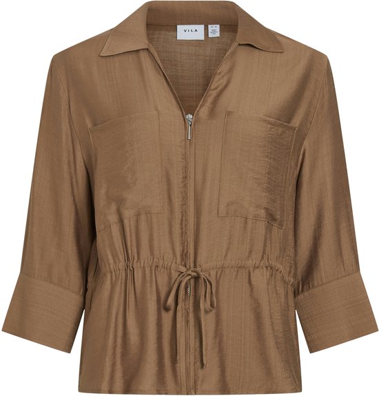 Chemise VILA marron à col en V, fermeture éclair, poches plaquées et cordon de serrage à la taille.
