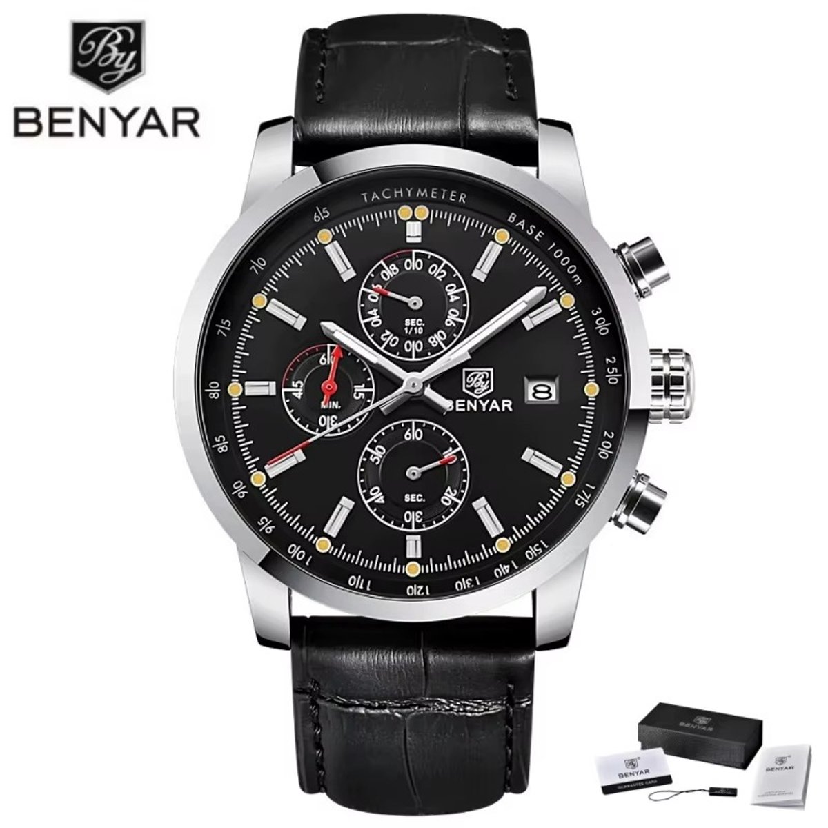 BENYAR Horloge BY-5102 - Zwart-Zwart - Heren - Quartz - Chronograaf - Lederen Band - Luxe - Sportief