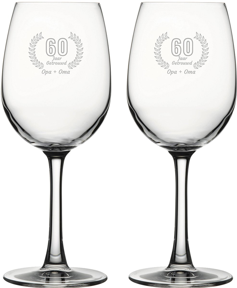 Gegraveerde set witte wijnglazen 36cl Opa + Oma 60 jaar getrouwd