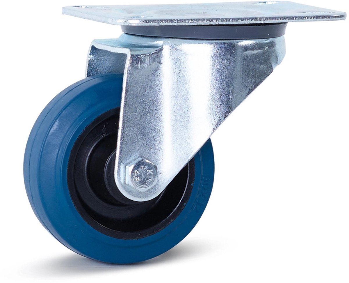 Blauw elastisch rubber zwenkwiel met topplaat - 80mm - 100kg