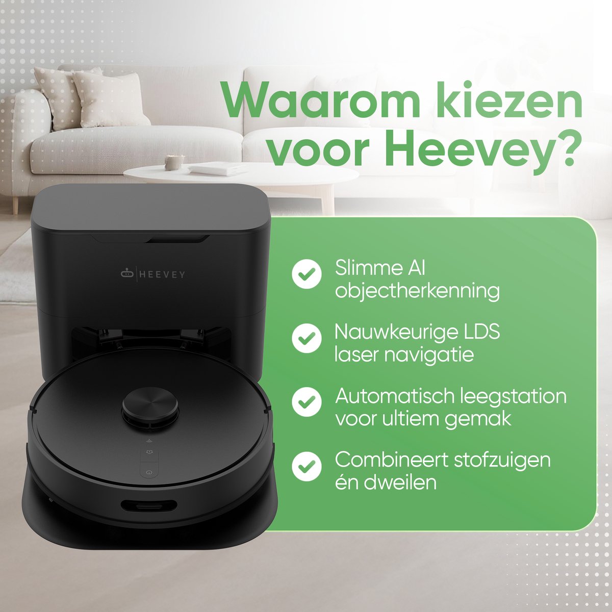Afbeelding 2 van Heevey Robotstofzuiger met dweilfunctie - Automatisch leegstation - Vacuum cleaner - Huisdieren - 7000PA zuigkracht - LDS lasernavigatie - 2 extra stofzuigerzakken - Met app