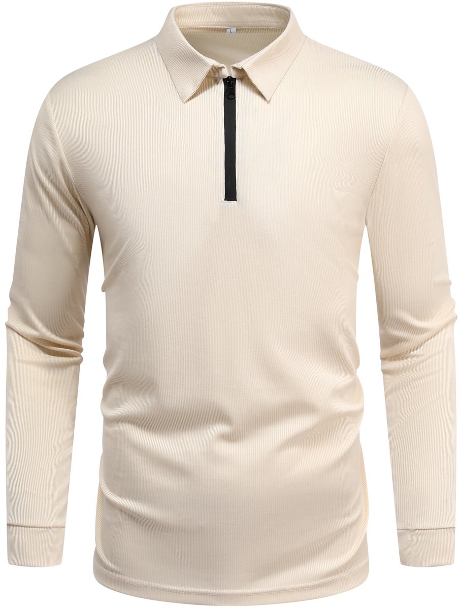 Allthemen Heren Lange Mouw Rek T-Shirt Oversize Polo Met Halve Rits Creme
