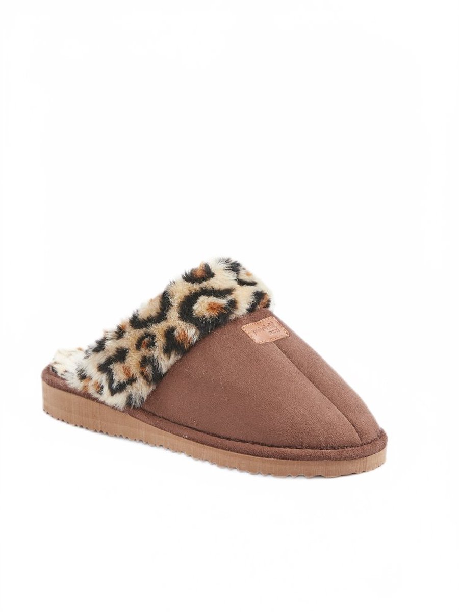 AFIBEL Chaussons mules fourrés imprimé léopard largeur confort