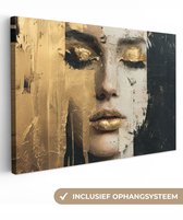 Canvas schilderij 120x80 cm - Wanddecoratie Abstract - Goud - Gezicht - Lippen - Muurdecoratie woonkamer - Slaapkamer decoratie - Kamer accessoires - Schilderijen op canvas