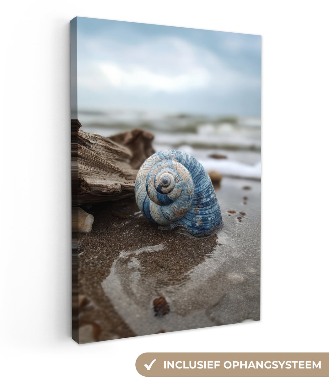 Canvas schilderij 80x120 cm - Exclusieve wanddecoratie Schelp - Strand - Blauw - Zee - Muu
