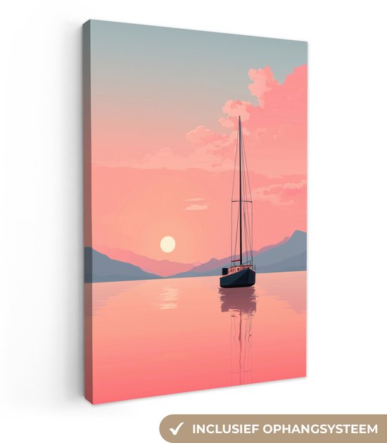 Canvas schilderij 80x120 cm - Wanddecoratie Zeilboot - Roze zee - Zonsondergang - Bergen - Muurdecoratie woonkamer - Slaapkamer decoratie - Kamer accessoires - Schilderijen op canvas