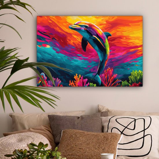 Tableau sur toile 60x40 cm - Décoration murale Dauphin - Coloré - Océan - Corail - Décoration murale salon - Décoration chambre - Accessoires chambre - Peintures sur toile