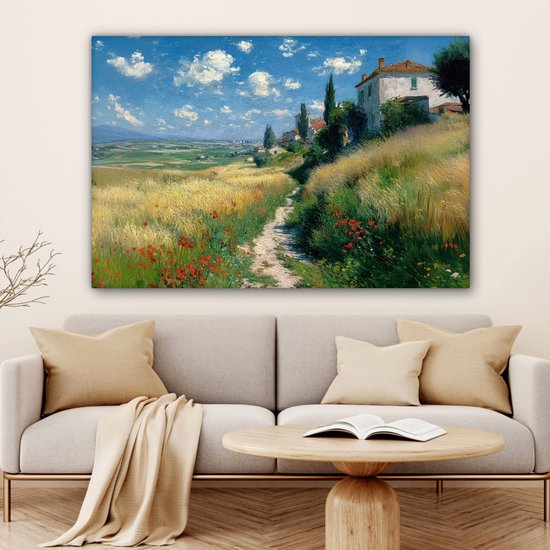 Tableau sur toile 120x80 cm - Décoration murale Chemin de sable - Maison - Arbres - Pelouse - Décoration murale salon - Décoration chambre - Accessoires chambre - Peintures sur toile