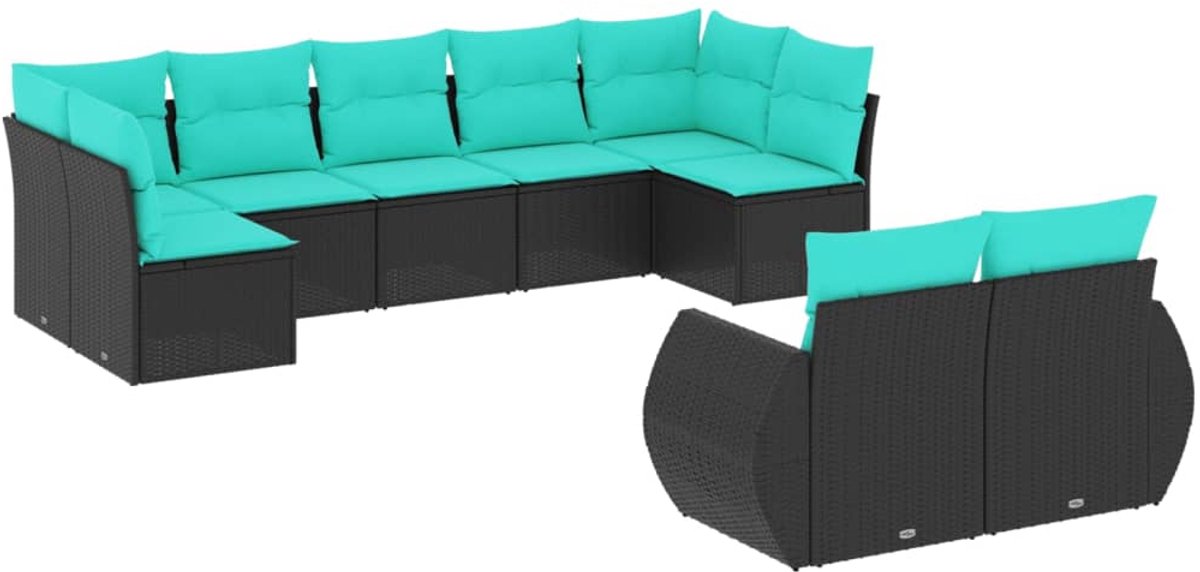 vidaXL - 9-delige - tuinbankset - met - kussens - van - zwart - polyrotan