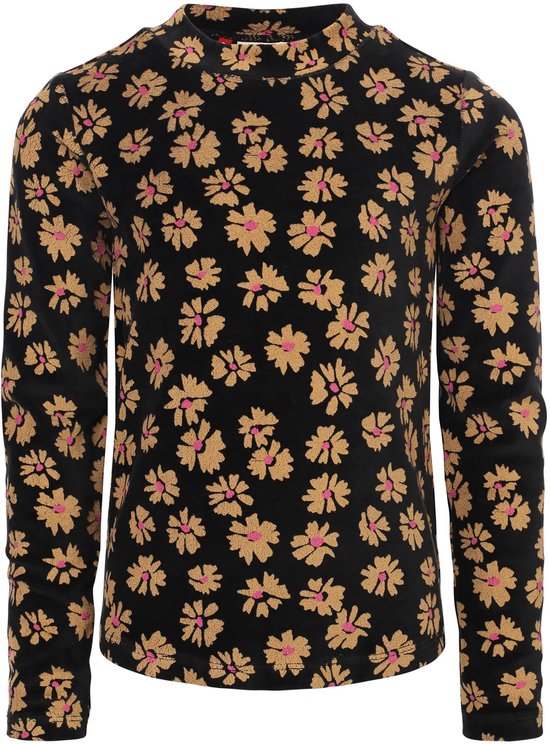 Zwart t-shirt met lange mouwen en een all-over print van okergele bloemen met roze details.