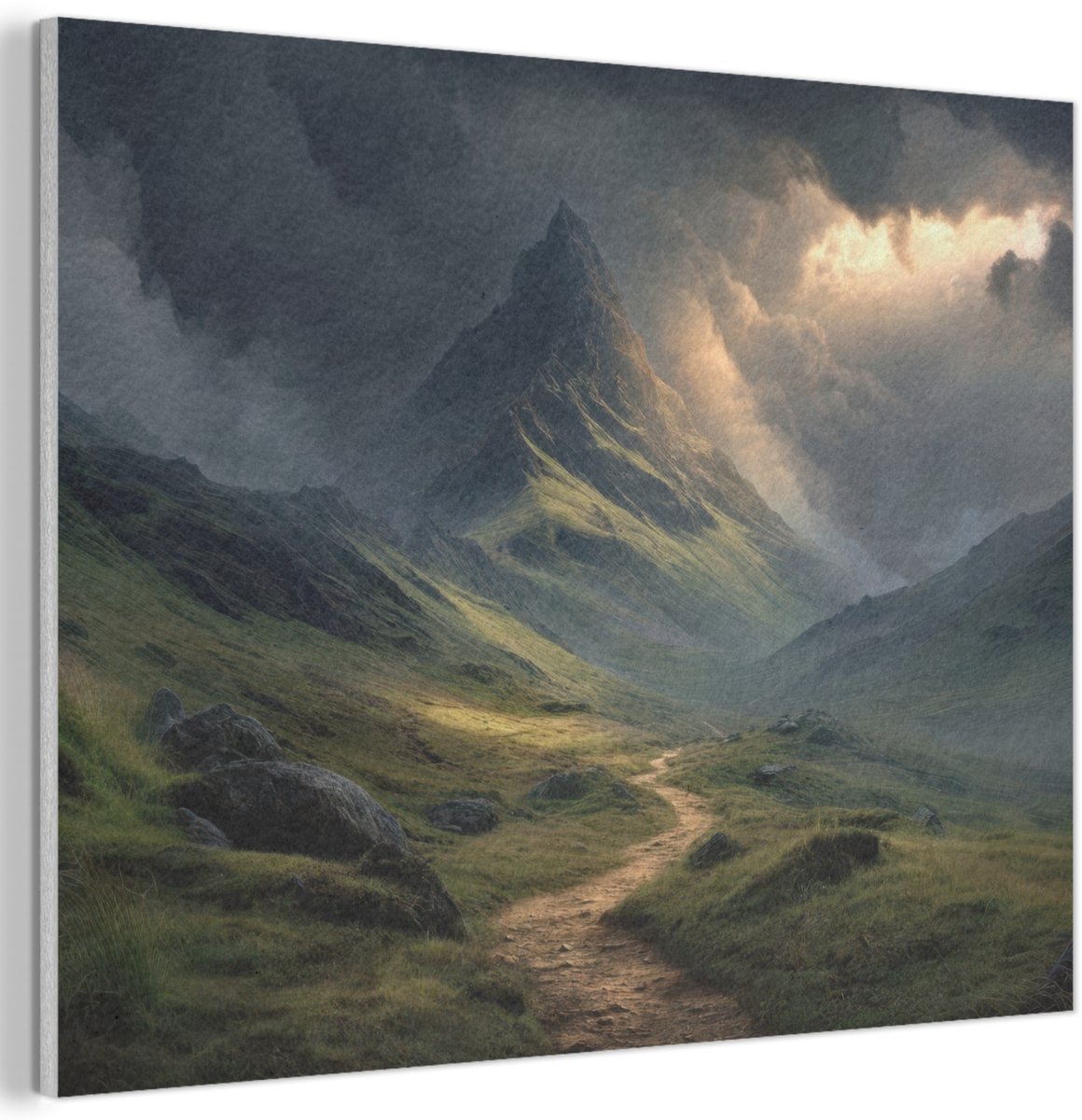 Akoestisch wandpaneel 40x30 cm - Vilt schilderij Bergen - Kronkelpad - Groen - Wolken - Akoestische panelen - Geluidsdempende wanddecoratie - Geluidsisolatie woonkamer - Muurdecoratie geluidspanelen