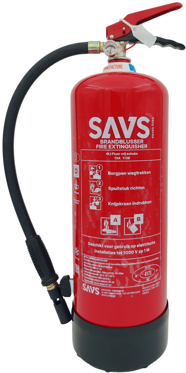 SAVS® Brandblusser schuim 6 liter - 13A 113B - Fluorvrij en Vorstvrij - Met montagebeugel - Schuimblusser - 6L
