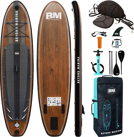 BEYOND MARINA SUP Board - Opblaasbaar Paddle Board - Complete Set - 2-in-1 verstelbare peddel - Kajakzitje - 320x81x15cm, Maximaal belasten 200 kg