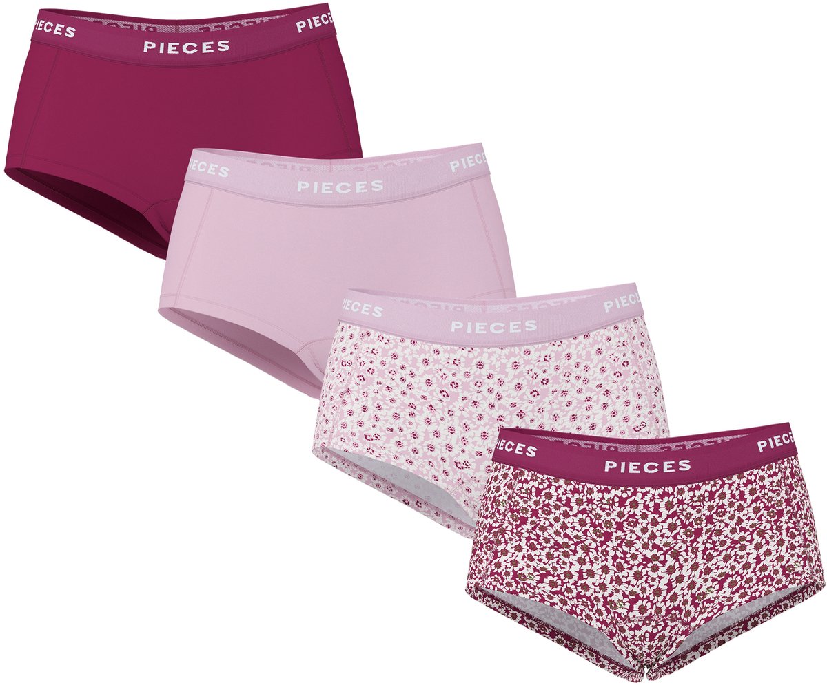 Pieces 4-Pack Dames shorts - Solid - Katoenen dames onderbroek - Multipack - Voordeelverpakking - Raspberry / M