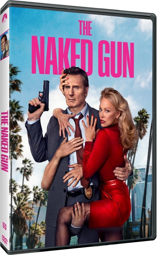 Liam Neeson in een grijs pak met stropdas, vastgehouden door meerdere handen. Naast hem een vrouw in rode jurk. De titel 'The Naked Gun' staat in roze letters.