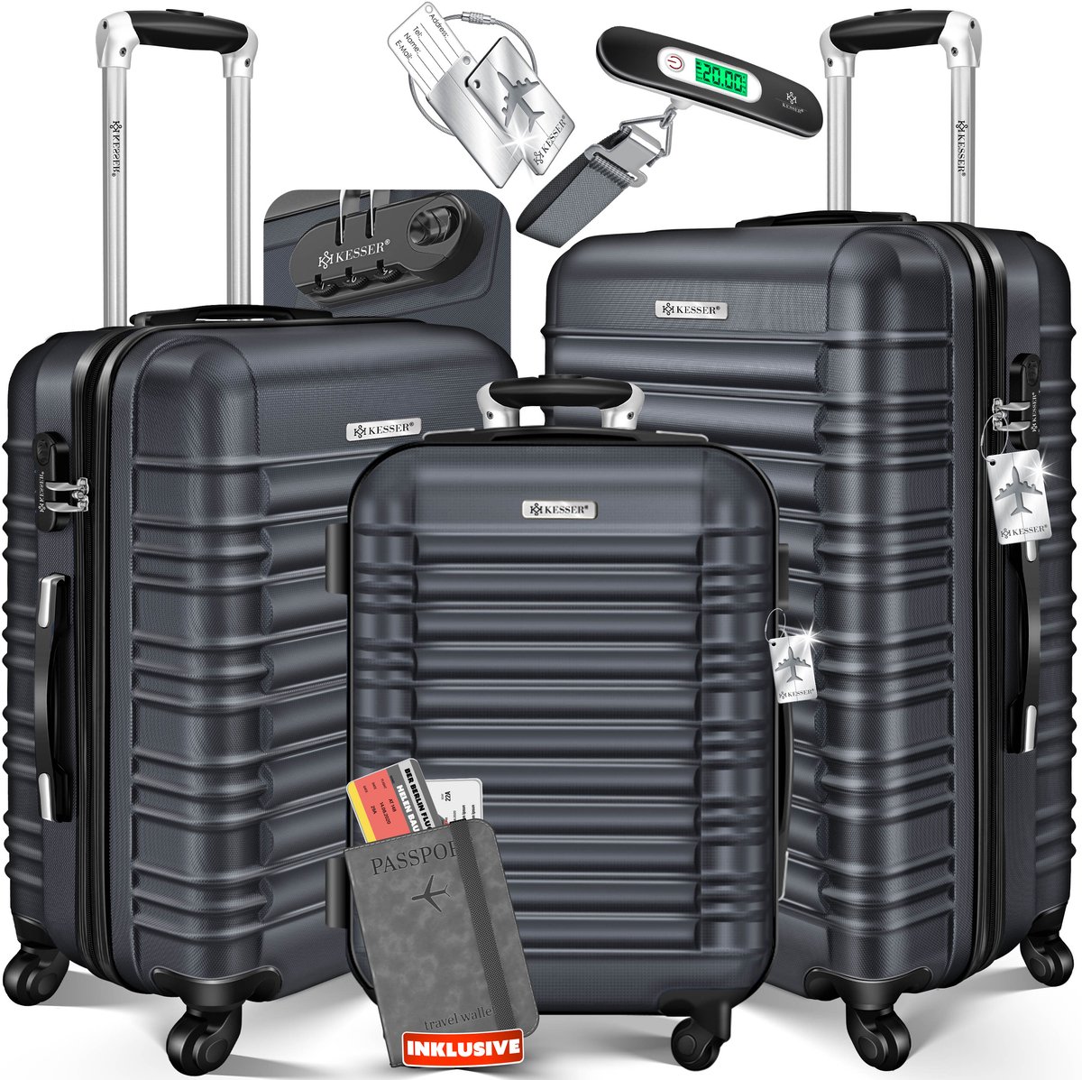 KESSER® 3x Koffer, reiskofferset, trolleykoffer harde kofferset incl. bagageweegschaal + bagagelabel rollend kofferslot 4 wielen ABS harde schaal telescopisch handvat M-L-XL - Antraciet