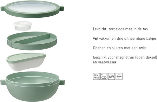 Bol bento Mepal Vita – 5 compartiments dont 3 récipients amovibles – Boîte Bento – Boîte repas salade – Sauge nordique