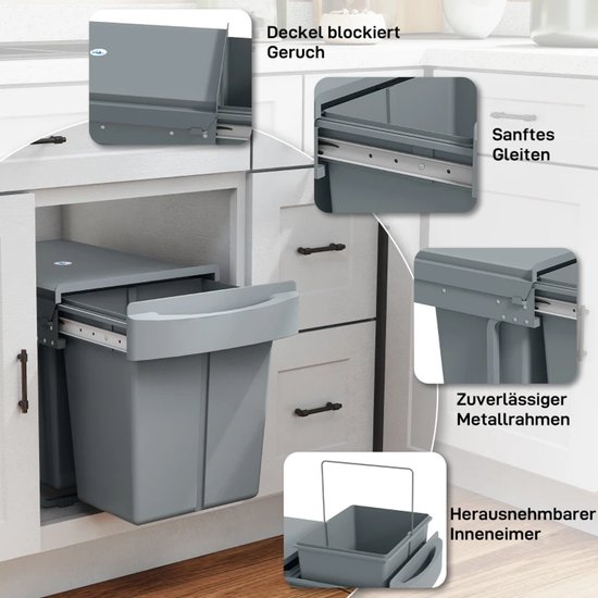 VA-Cerulean 2 vakken Inbouwprullenbak systeem 2x15 liter, afvalbak Uittrekbare prullenbak met telescooprails, Uitneembare eimers