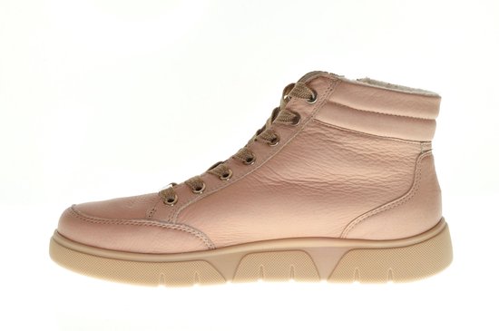 Roze leren Ara sneaker met veters en rits, met bontvoering.