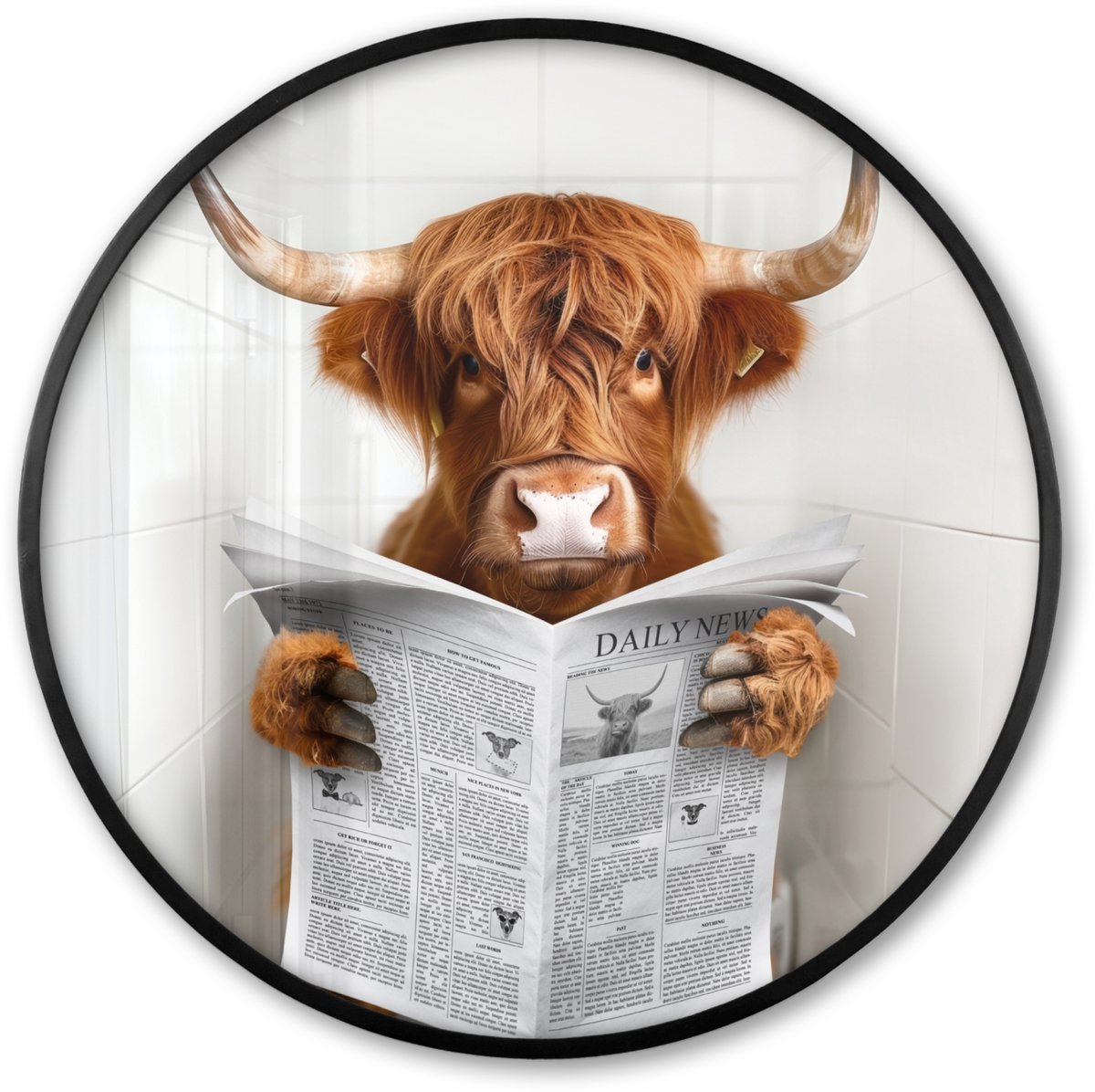 FrameYourWall Poster in lijst Rond - Fotolijst 60x60 cm - Posters - Schotse Hooglander - Dier - Krant - Toilet - Ronde posterlijst zwart - Decoratie - Wanddecoratie woonkamer - Muurdecoratie slaapkamer Schotse hooglander - WC