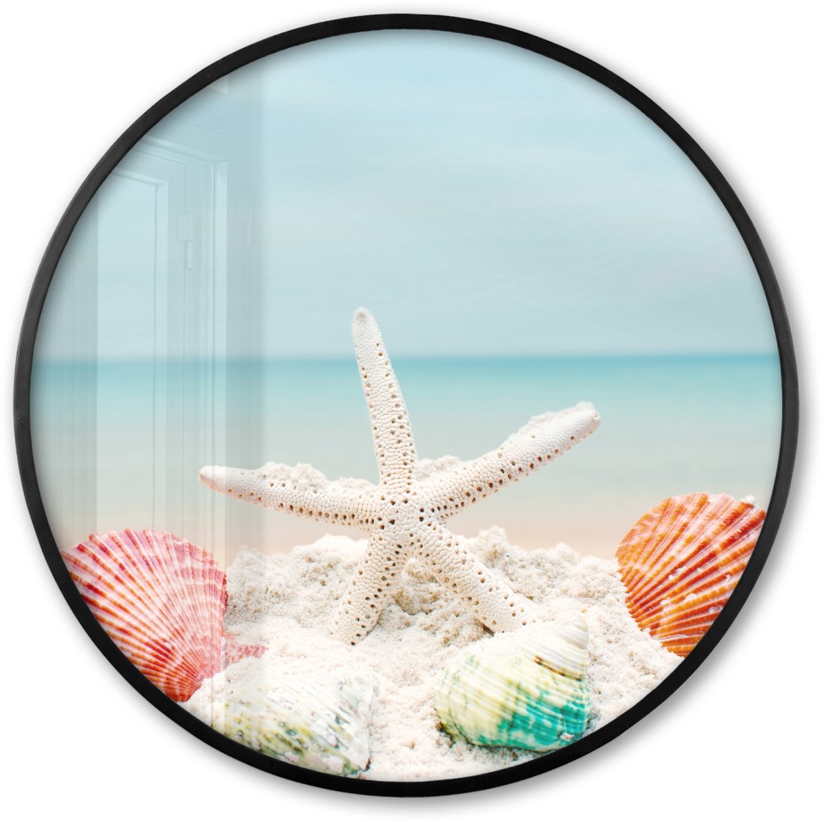 FrameYourWall Poster in lijst Rond - Fotolijst 80x80 cm - Posters - Strand - Zeester - Schelpen - Zee - Ronde posterlijst zwart - Decoratie - Wanddecoratie woonkamer - Muurdecoratie slaapkamer