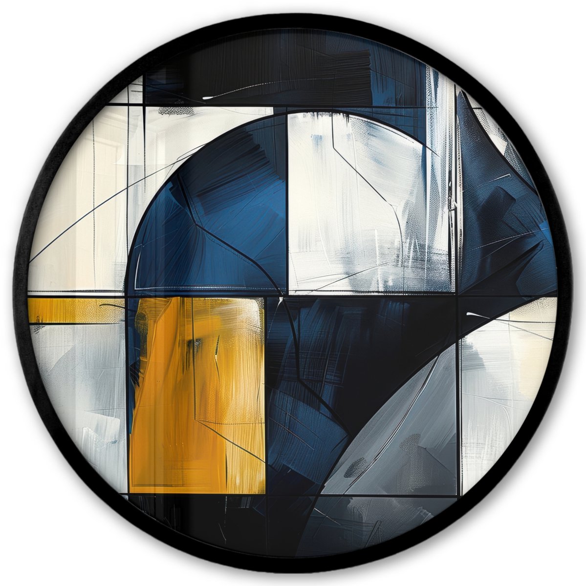 FrameYourWall Poster in lijst Rond - Fotolijst 40x40 cm - Posters - Abstract - Vormen - Goud - Blauw - Geometrisch - Ronde posterlijst zwart - Decoratie - Wanddecoratie woonkamer - Muurdecoratie slaapkamer
