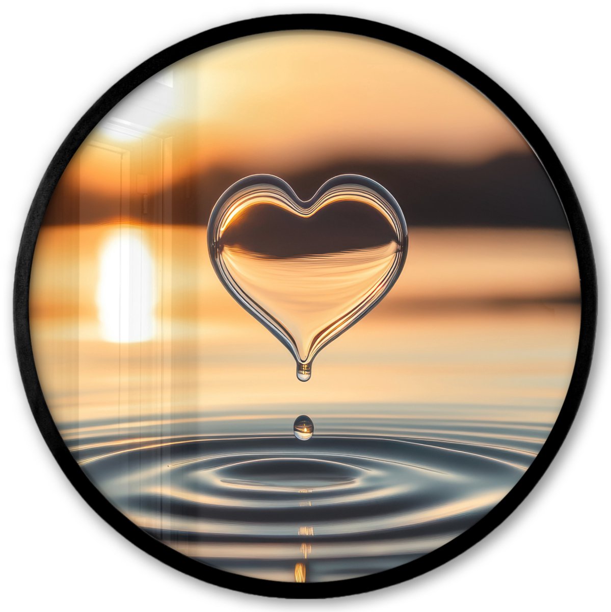 FrameYourWall Poster in lijst Rond - Fotolijst 40x40 cm - Posters - Hart - Water - Zonsondergang - Natuur - Zen - Ronde posterlijst zwart - Decoratie - Wanddecoratie woonkamer - Muurdecoratie slaapkamer