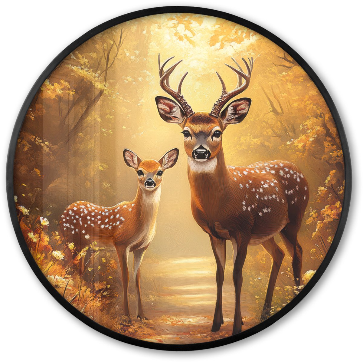 FrameYourWall Poster in lijst Rond - Fotolijst 60x60 cm - Posters - Herfst - Bos - Herten - Bosdieren - Natuur - Bruin - Ronde posterlijst zwart - Decoratie - Wanddecoratie woonkamer - Muurdecoratie slaapkamer