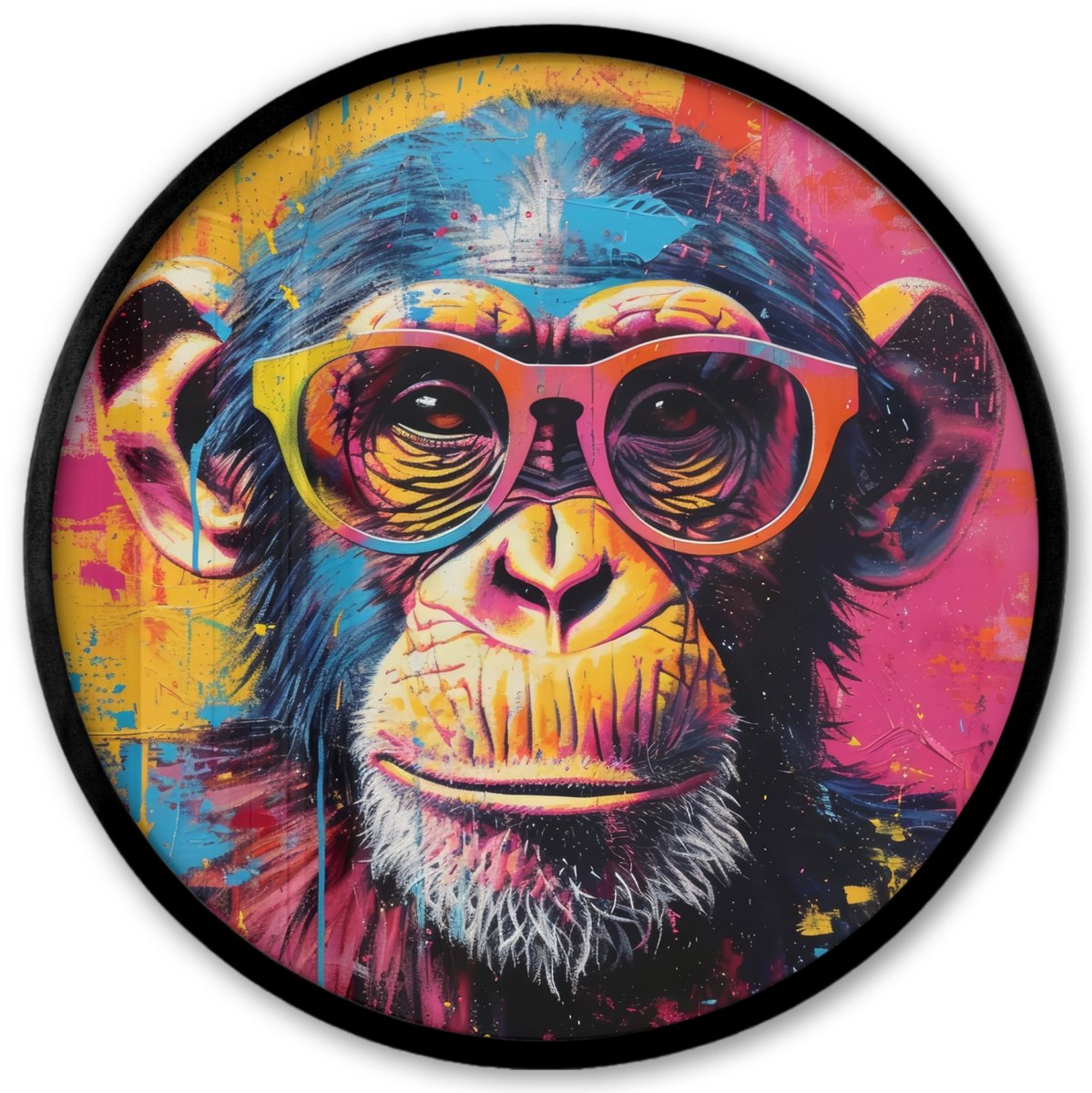 FrameYourWall Poster in lijst Rond - Fotolijst 40x40 cm - Posters - Graffiti - Chimpansee - Aap - Bril - Kleurrijk - Ronde posterlijst zwart - Decoratie - Wanddecoratie woonkamer - Muurdecoratie slaapkamer