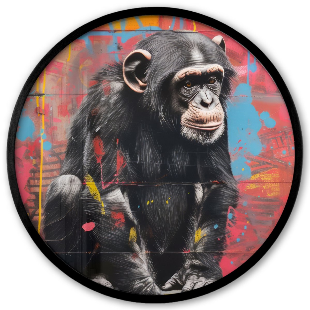 FrameYourWall Poster in lijst Rond - Fotolijst 40x40 cm - Posters - Graffiti - Chimpansee - Aap - Dieren - Street art - Ronde posterlijst zwart - Decoratie - Wanddecoratie woonkamer - Muurdecoratie slaapkamer