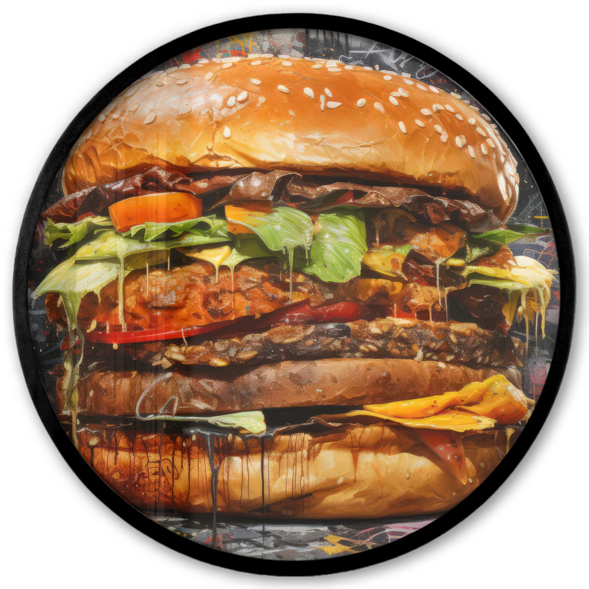 FrameYourWall Poster in lijst Rond - Fotolijst 40x40 cm - Posters - Burger - Eten - Kunst - Grijs - Graffiti - Ronde posterlijst zwart - Decoratie - Wanddecoratie woonkamer - Muurdecoratie slaapkamer Multicolor