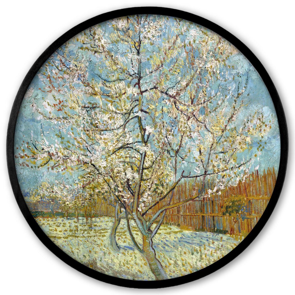 FrameYourWall Poster in lijst Rond - Fotolijst 40x40 cm - Posters - Bloeiende perzikboom - Vincent van Gogh - Ronde posterlijst zwart - Decoratie - Wanddecoratie woonkamer - Muurdecoratie slaapkamer Multicolor