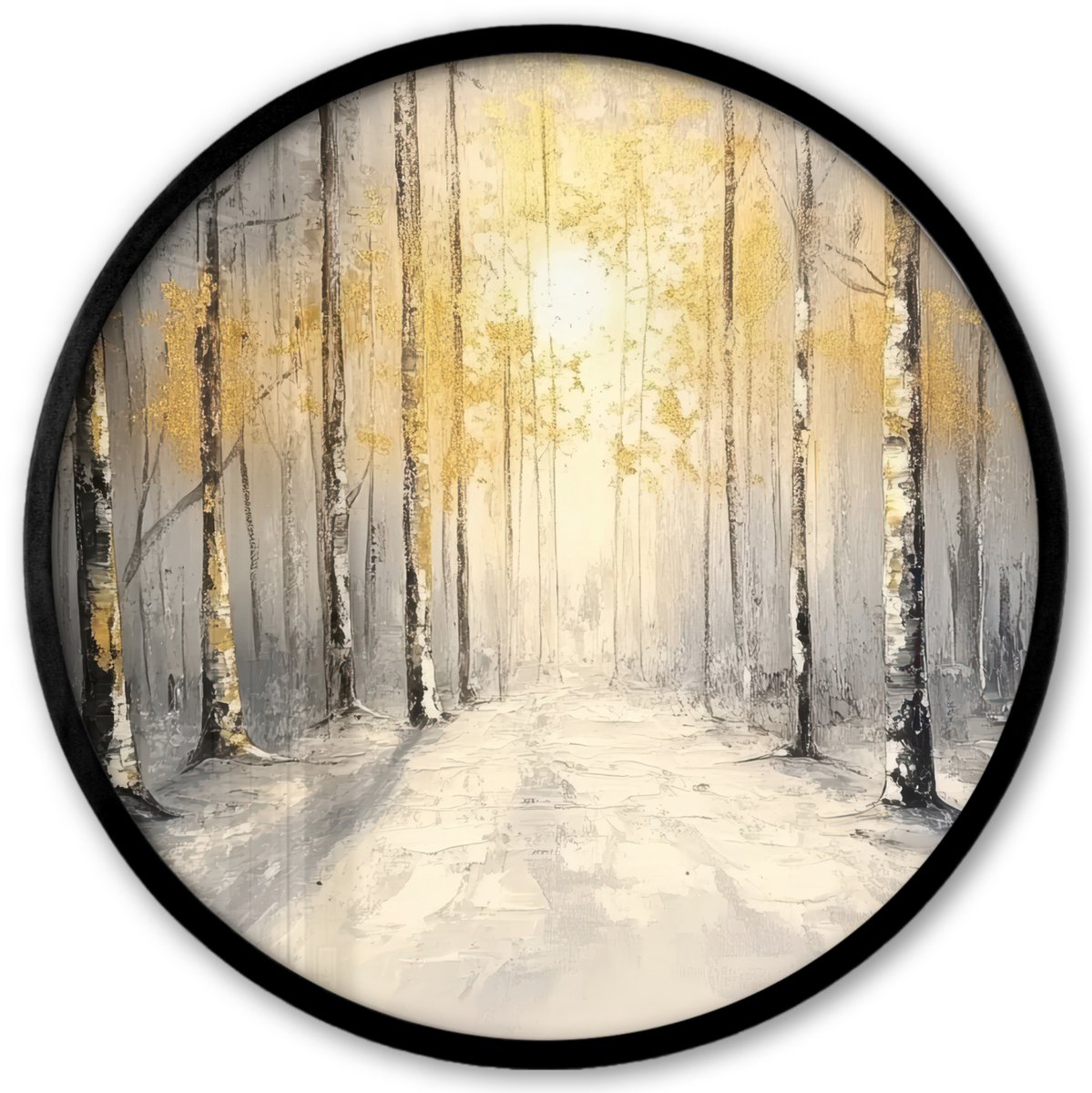 FrameYourWall Poster in lijst Rond - Fotolijst 40x40 cm - Posters - Winter - Abstract - Sneeuw - Natuur - Zon - Ronde posterlijst zwart - Decoratie - Wanddecoratie woonkamer - Muurdecoratie slaapkamer Winter - Bos