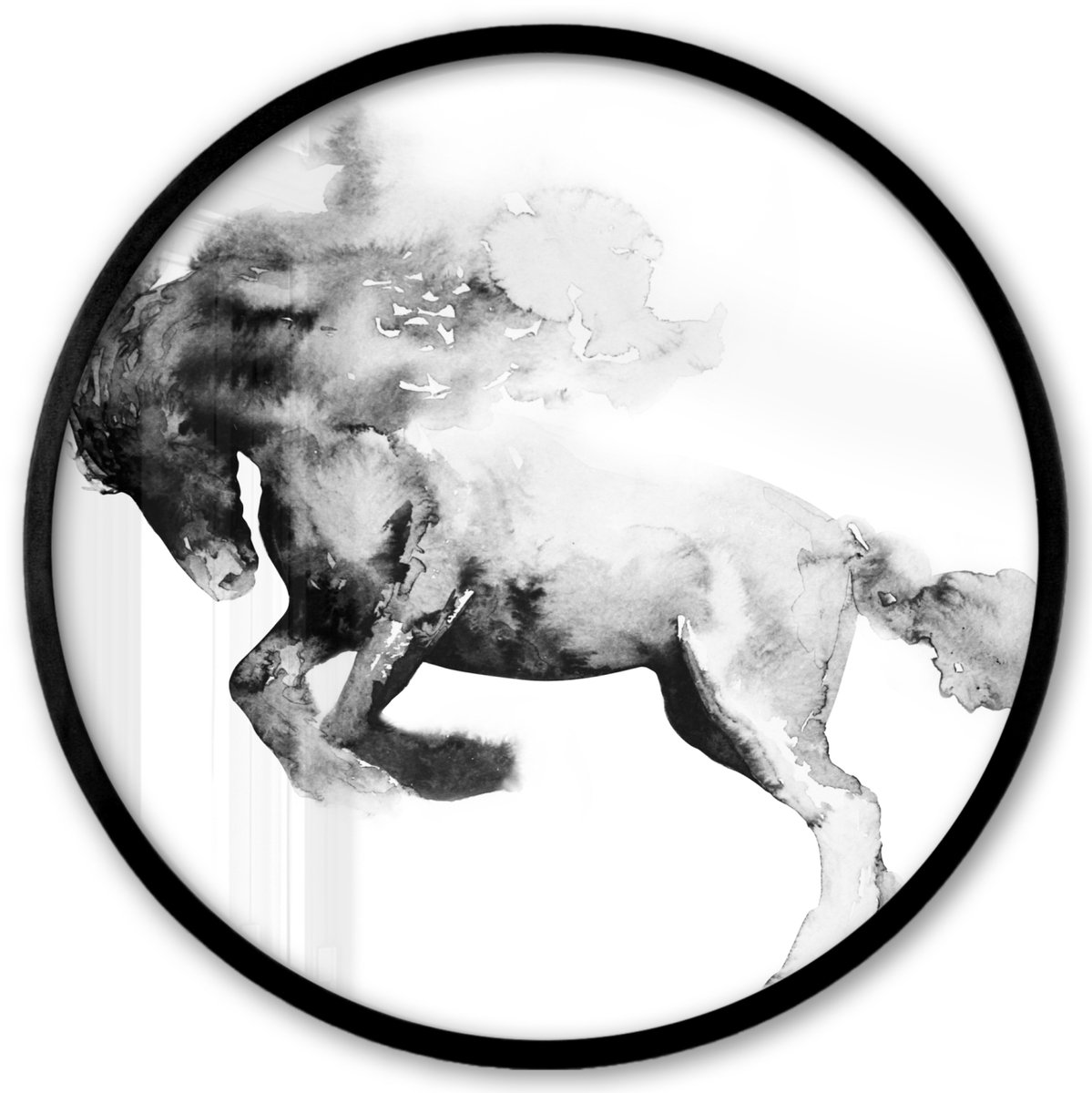 FrameYourWall Poster in lijst Rond - Fotolijst 40x40 cm - Posters - Schilderij - Paard - Dieren - Olieverf - Zwart - Wit - Ronde posterlijst zwart - Decoratie - Wanddecoratie woonkamer - Muurdecoratie slaapkamer Multicolor