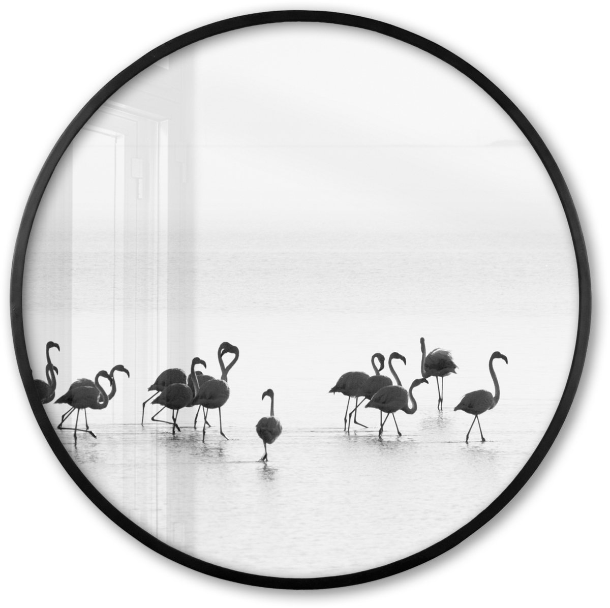 FrameYourWall Poster in lijst Rond - Fotolijst 60x60 cm - Posters - Flamingo's - Water - Natuur - Zwart wit - Ronde posterlijst zwart - Decoratie - Wanddecoratie woonkamer - Muurdecoratie slaapkamer