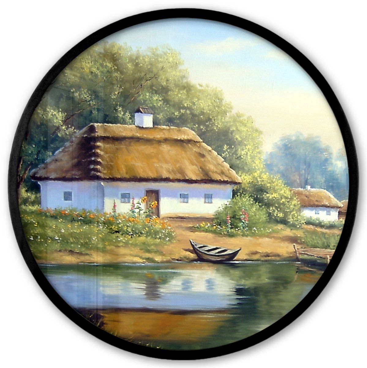 FrameYourWall Poster in lijst Rond - Fotolijst 40x40 cm - Posters - Schilderij - Huis - Natuur - Water - Olieverf - Ronde posterlijst zwart - Decoratie - Wanddecoratie woonkamer - Muurdecoratie slaapkamer Multicolor