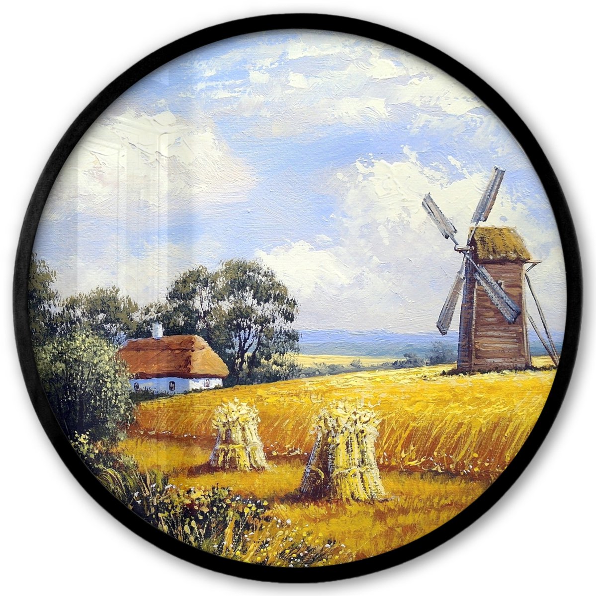 FrameYourWall Poster in lijst Rond - Fotolijst 40x40 cm - Posters - Schilderij - Boerderij - Molen - Olieverf - Ronde posterlijst zwart - Decoratie - Wanddecoratie woonkamer - Muurdecoratie slaapkamer Multicolor