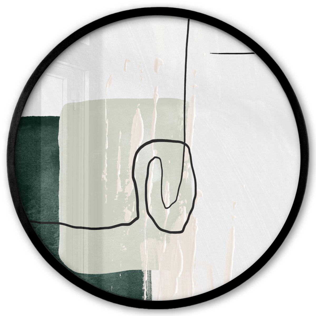 FrameYourWall Poster in lijst Rond - Fotolijst 40x40 cm - Posters - Abstract - Kunst - Groen - Wit - Verf - Ronde posterlijst zwart - Decoratie - Wanddecoratie woonkamer - Muurdecoratie slaapkamer